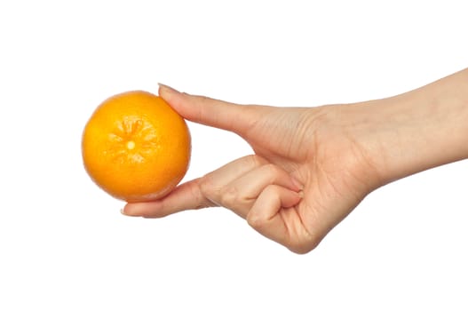woman holding yellow sweet fruit tangerine on white background