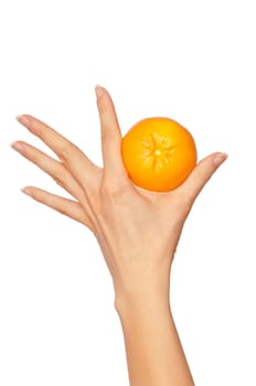 woman holding yellow sweet fruit tangerine on white background