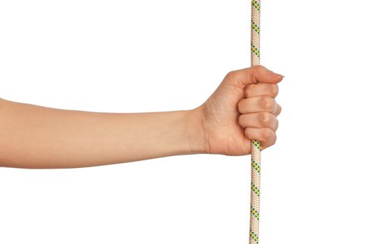 woman holding a white rope on white background