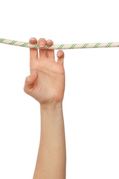 woman holding a rope with his last strength to survive
