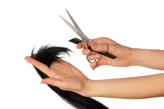 hairdresser cutting young woman with long black hair