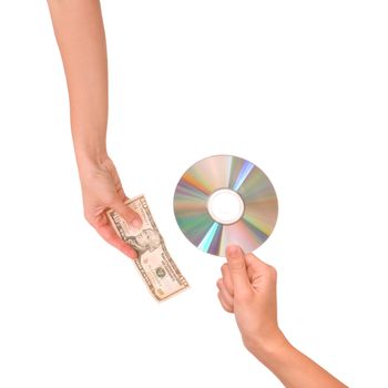 person buy one disk for ten dollars on white background