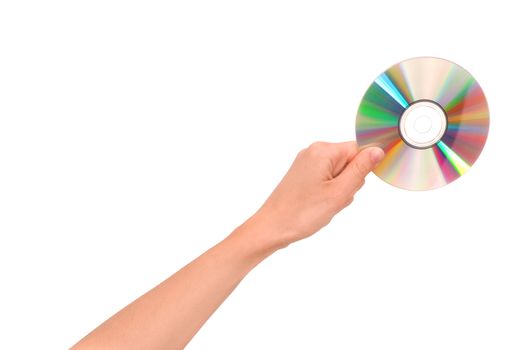 disk in the woman's hand on white background