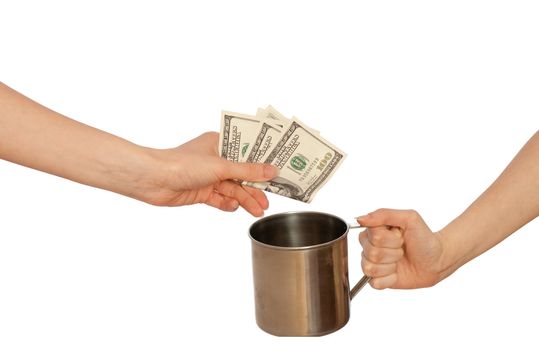 beggar woman with a metal cup asking the money