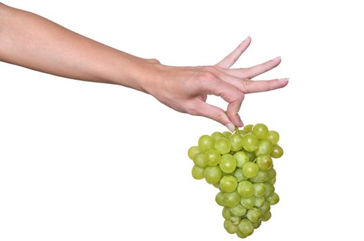 a brunch of green grape in the woman's hand