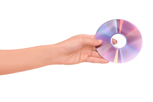 Disk with dangerous confidential audio and video about hacker programs and viruses in a hand of the inspector