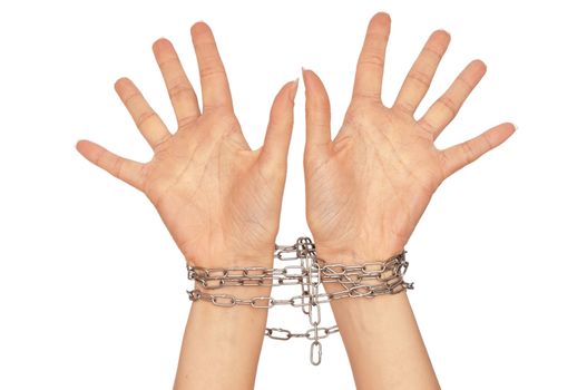 Woman bounded metal chains as a symbol of punishment