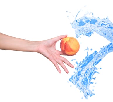 peach in the woman's hand on white background