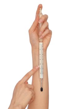 woman showing summer temperature on the Celcius thermometer