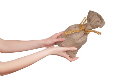 Woman holding the bag with money