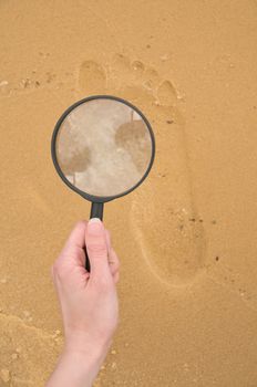 using magnifier for exploration footprint on the yellow sand