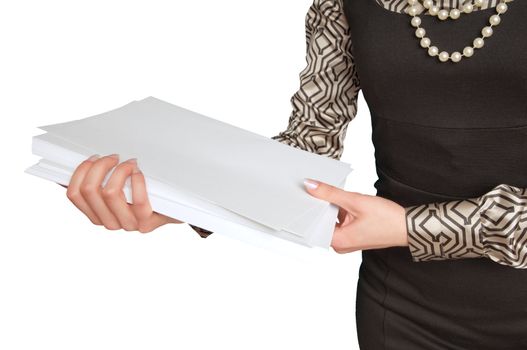 businesswoman giving documents for review on white background