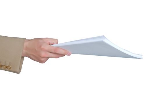 businessman giving documents for review on white background