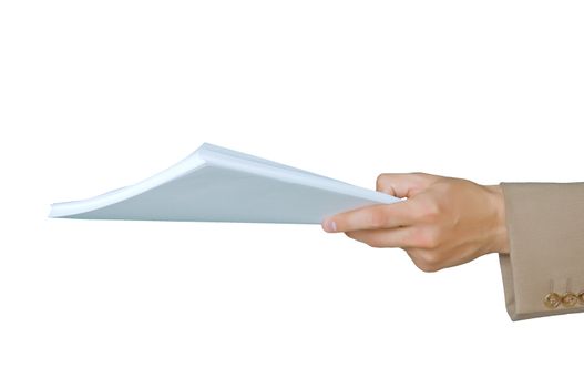 businessman giving documents for review on white background