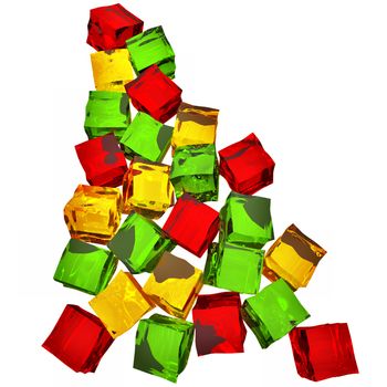 Different colored cube jellies falling down on white background