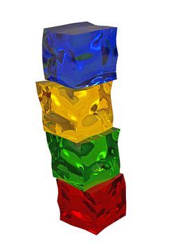 Different colored cube jellies in line on white background