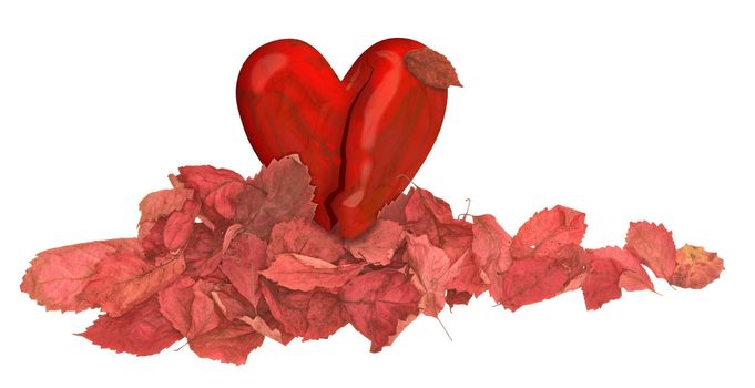 heart in the pile of autumn red leaves on white background