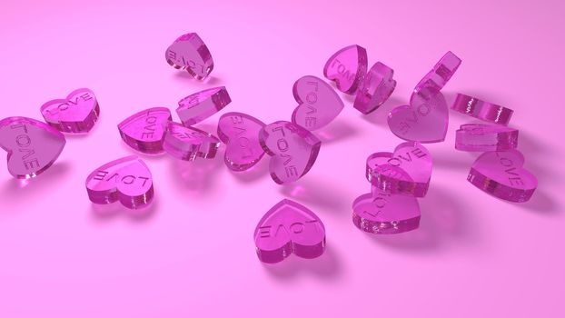 three-dimensional pink glass hearts as a symbol of great love