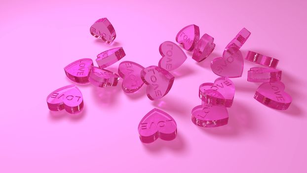 three-dimensional pink glass hearts as a symbol of great love