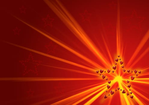 glowing star made of hearts on red background