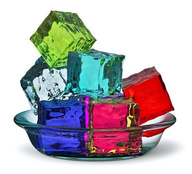Different colored cube jellies in a glass plate on white background