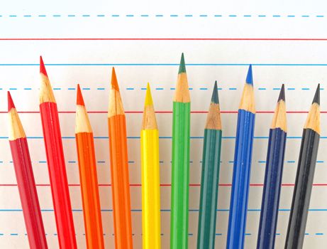 Rainbow of Colored Pencils Isolated on Lined Paper