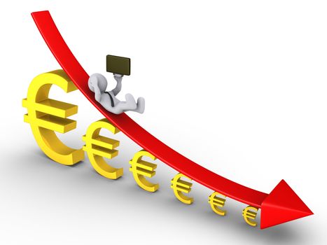 3d businessman is falling from descending graph and euro signs getting smaller