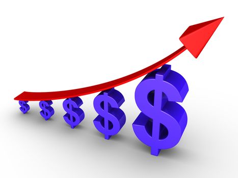 Rising 3d graph and dollars getting bigger