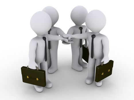 Four 3d businessmen are joining hands