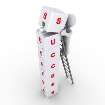 3d person on a ladder is putting the last piece of success blocks