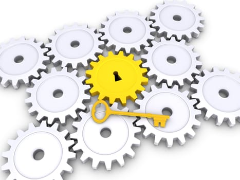 3d golden key on top of cogwheels