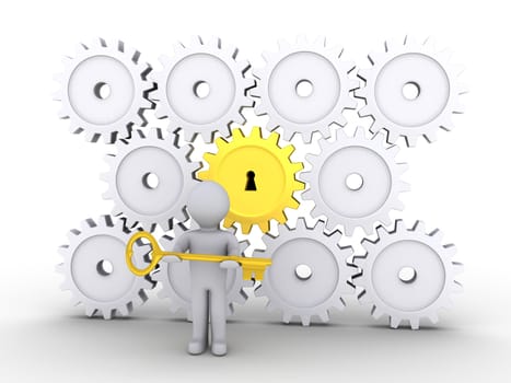 3d person holding a golden key is in front of cogwheels
