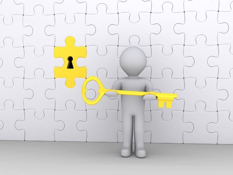 3d person holding a golden key in front of puzzle wall