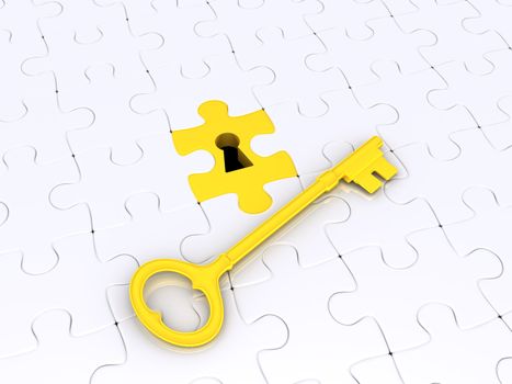 3d golden key on white puzzle pieces with keyhole
