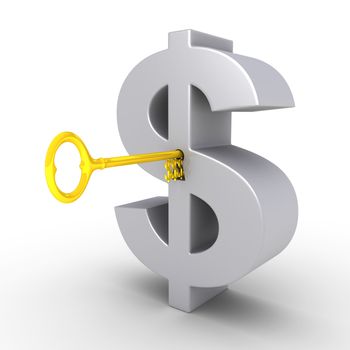 Golden dollar-key in the keyhole of a big dollar symbol