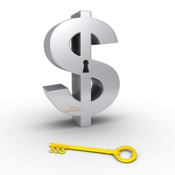 3d dollar symbol with keyhole and a golden dollar-key on the ground