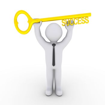 Happy 3d businessman is holding a golden key of success
