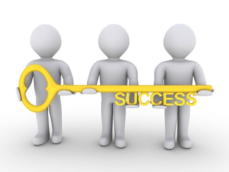 Three 3d people are holding a golden key of success
