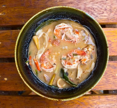 Tom Yum Goong or spicy tom yum soup with shrimp. Thai popular food menu.
