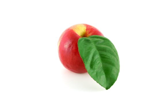 Ripe red apple with green leaf over white