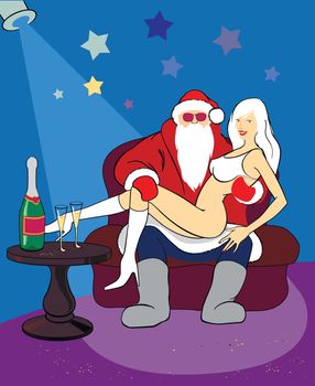 Santa Claus with sexy blonde on red sofa near the little table with bottle of champagne in celebratory conditions