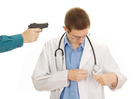 A person hold the young doctor at gunpoint