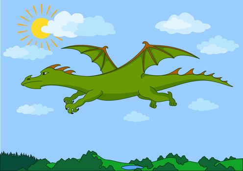 Cartoon, green winged dragon flies in the cloudy blue sky over fields and wood