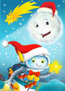 The beautiful occasional illustration with many different elements - two important subjects for the children - christmas and robots