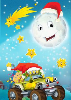 The beautiful illustration with many different elements - many important subjects for the children - christmas and cars