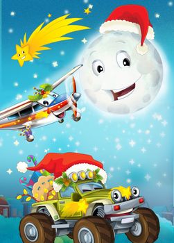 The beautiful illustration with many different elements - many important subjects for the children - christmas, planes and cars
