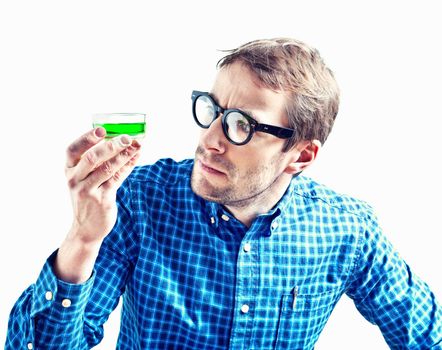 isolated crazy-style scientific with beaker, holding in his hand 