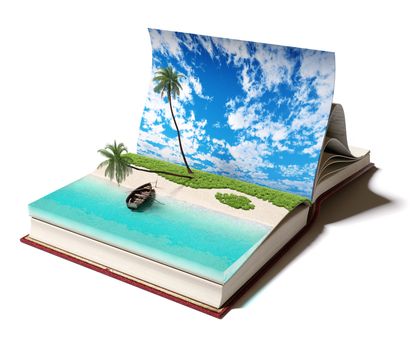 Open book with a tropical beach inside. 3d concept