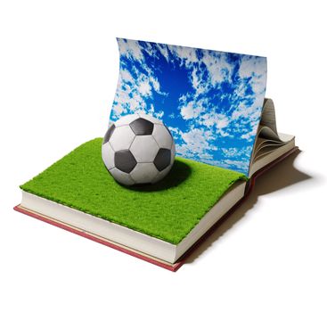 Soccer ball or football ball in open book. 3D concept.