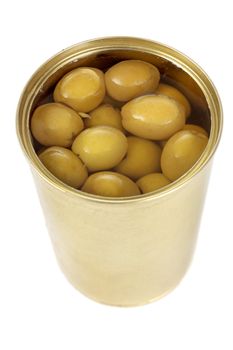 Can of green olives on white background